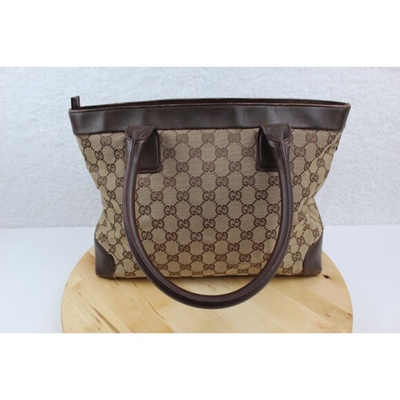 Gucci Monogram Tote Purse Canvas Zip Brown Top Handle Shoulder Bag Classic - Picture 1 of 16